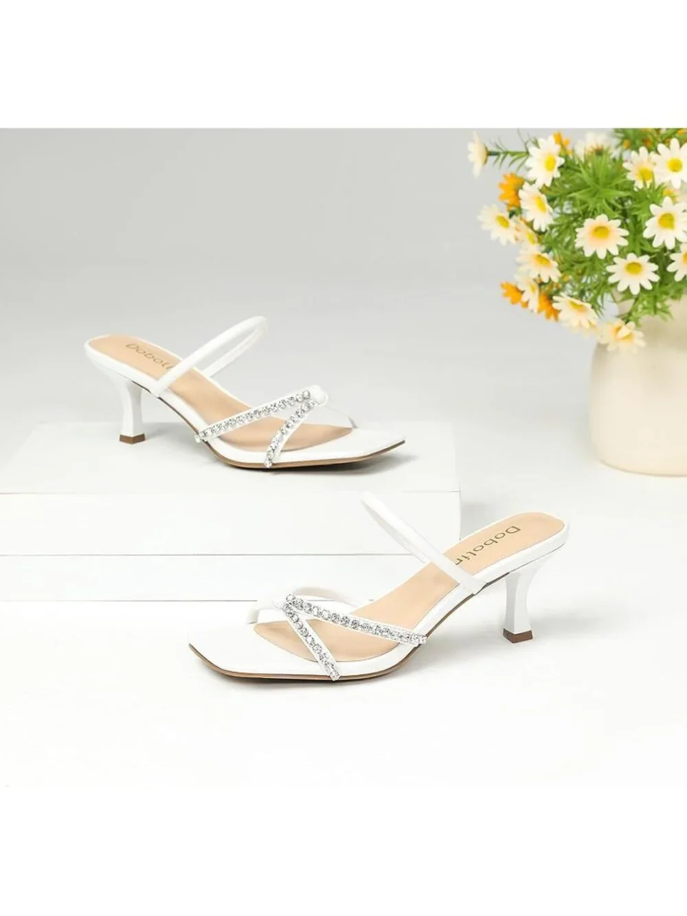 Women's White Summer Comfortable Open Toe Strappy Slides Kitten Heeled Sandals